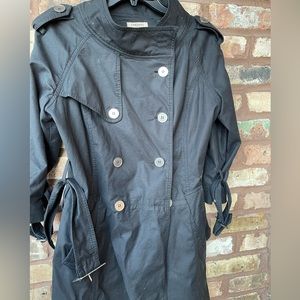Black trench coat silver buttons belted Sz S
